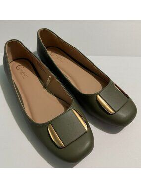 Cato Comfort Olive Green Square Toe Flats Buckle Detail Size 8 NWOT